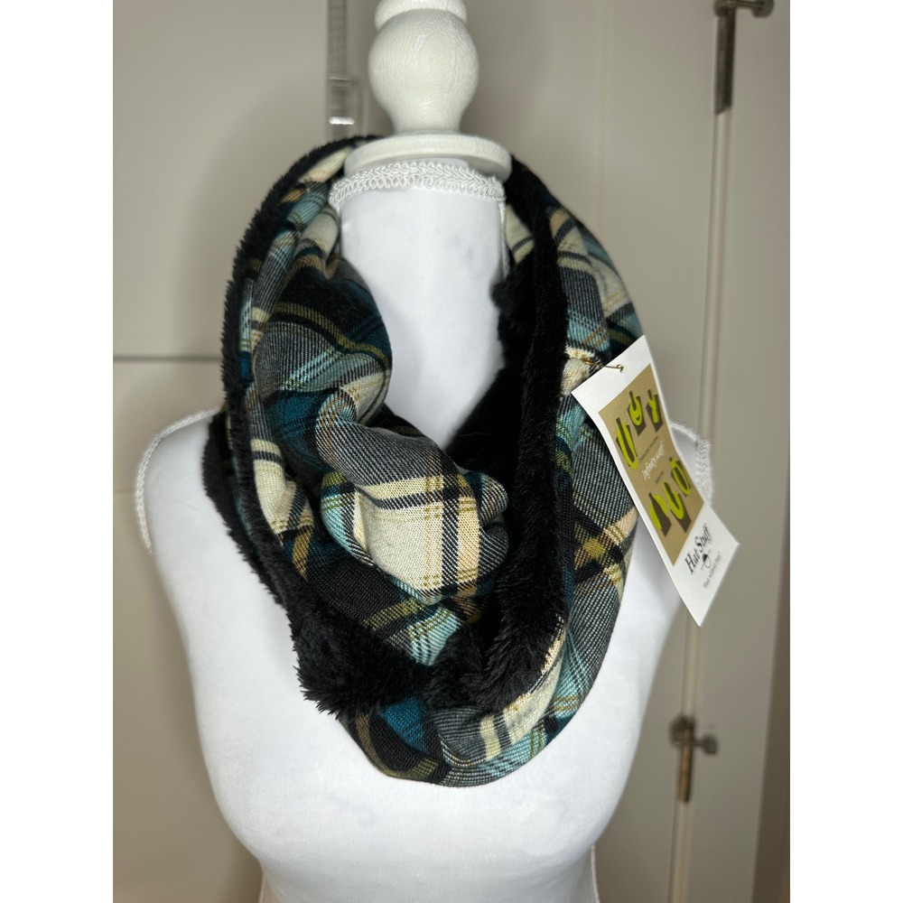 Hat Stuff Plaid Infinity Scarf Teal Black Cream Faux Fur Lined Multi Loop‎ NWT
